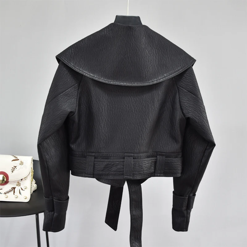 

jaqueta feminina de couro pu, casaco curto com gola aberta e cinta com cadarço preto punk vermelho, outono faux leather