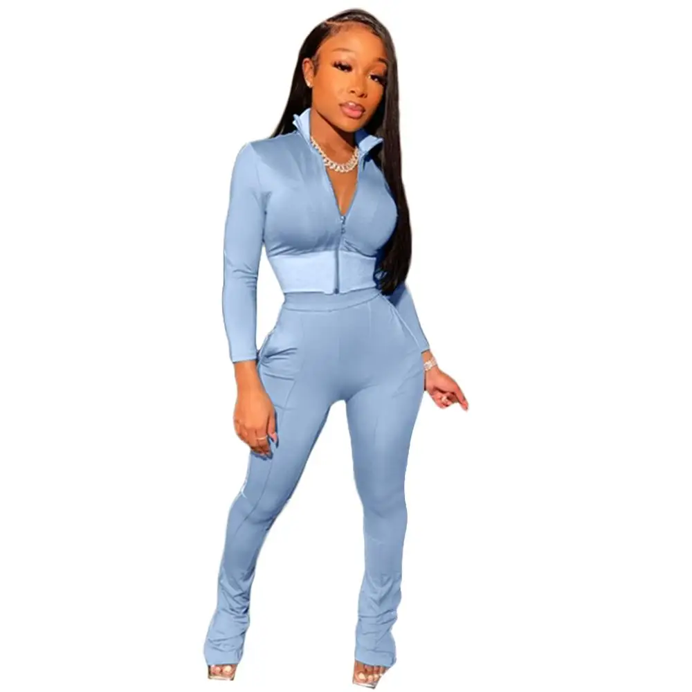 

Lounge wear Solid Tracksuit Clothes for Women 2020 Fitness Sporty Long Sleeve Zipper Jackets Crop Top + Leggings Two Piece Set