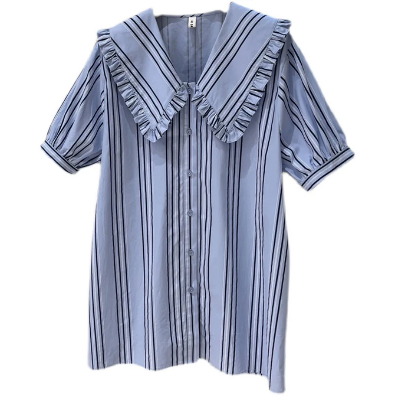 

LANMREM New women shirts peter Pan collar striped short sleeve single breasted loose fit fashion tide summer 2021 2P2414