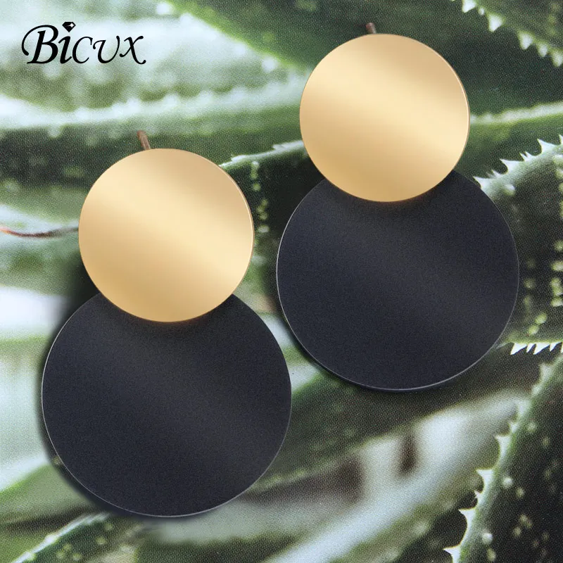 

BICUX Fashion Simple Round Metal Dangle Drop Earrings for Women Girl Korean Style Smooth Gold Black Splice Femme Earring Jewelry