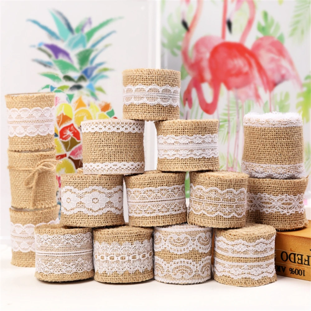 2M/Roll Natural Lace Jute Cloth Wedding Decoration DIY Retro Wrap Gift Packing Wedding Decoration Party Bottle Table Accessories