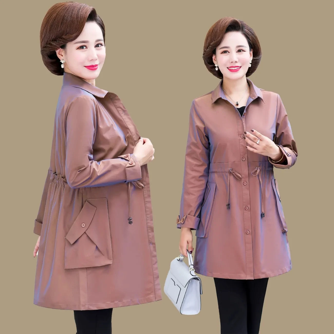 

Women Windbreaker 2021 Spring Autumn Middle-Aged New Style Buttons Coat Jacket Thin Section Reflective Mid-length Jacket A07