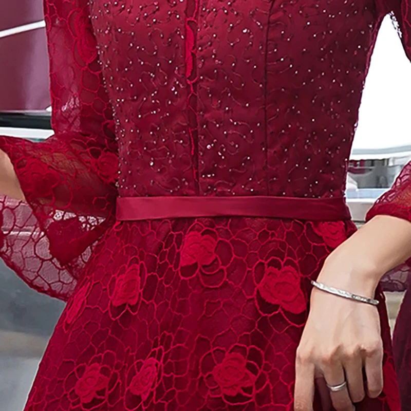 

Evening Dresses Burgundy Square Collar Floral Print A-line Tea-length Three Quarter Sleeves Beads Plus size Formal Dress A228