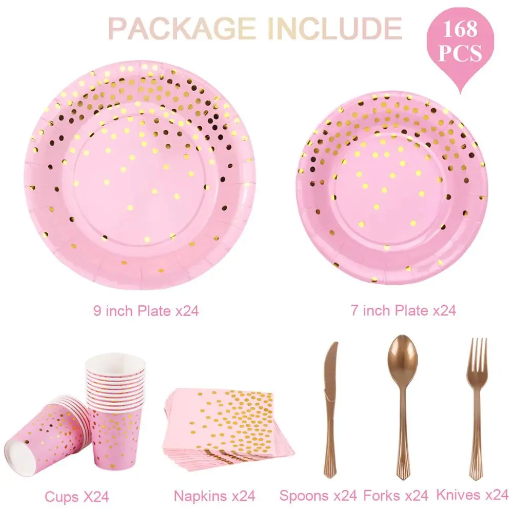 rose pink 168 шт., свадебная одноразовая посуда черного, золотого и розового цветов, одноразовая салфетка для чашек, бумажная тарелка, ложка, декор для дня рождения, Детские принадлежности - Color: rose pink