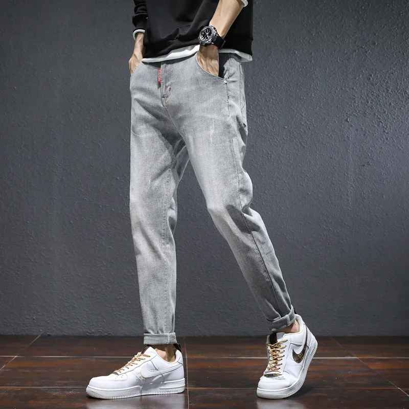 

Fashion Tide Stretch Jeans Men Korean Youth High Street Hip Hop Slim Fit Trousers Small Feet Zipper Straight Casual Denim Pants