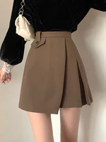 korean slim high waist khaki irregular pleated skirt women mini wild sexy street retro faldas mujer black skirt bottom fall
