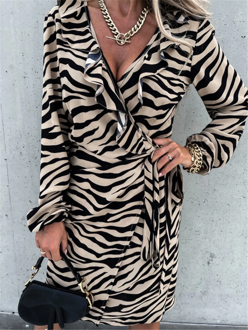 

New Print Ladies Dress Sexy Lace Dress Bend Hem Cebra Print Belt Casual Dress Variety Optional