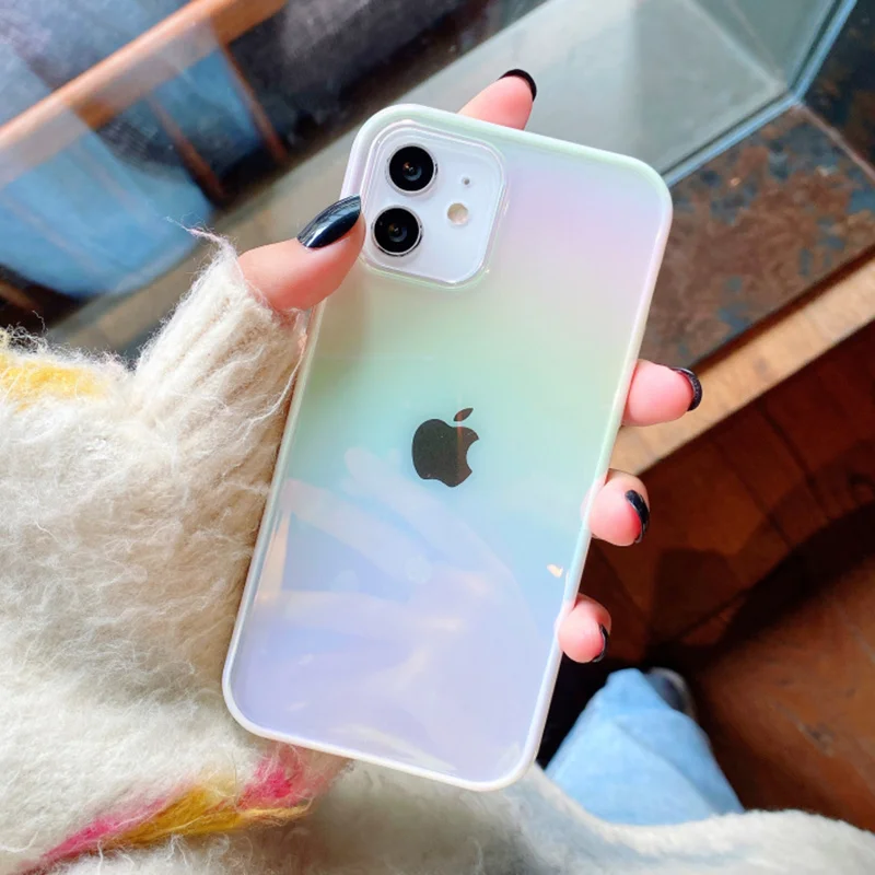 

Laser Rainbow Clear Phone Case For iPhone 11 12 Pro Max Plated Soft Frame + Hard PC Back Bumper Holographic Phone Cover Coque