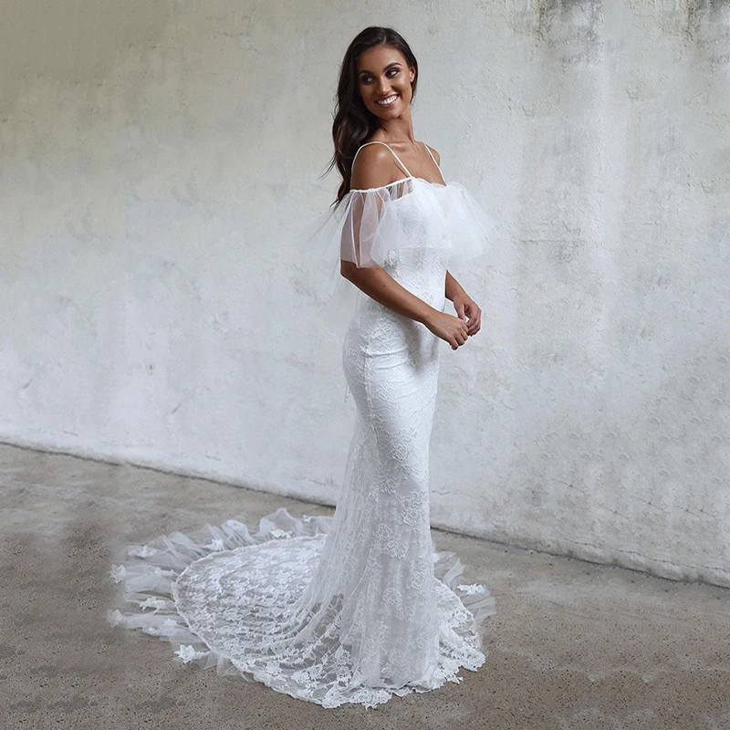 

MNGRL Retro Simple One-shoulder Ruffle Mermaid 3D Flower Bridal Dresses White Lace Tail Wedding Gown Backless Wedding Dress