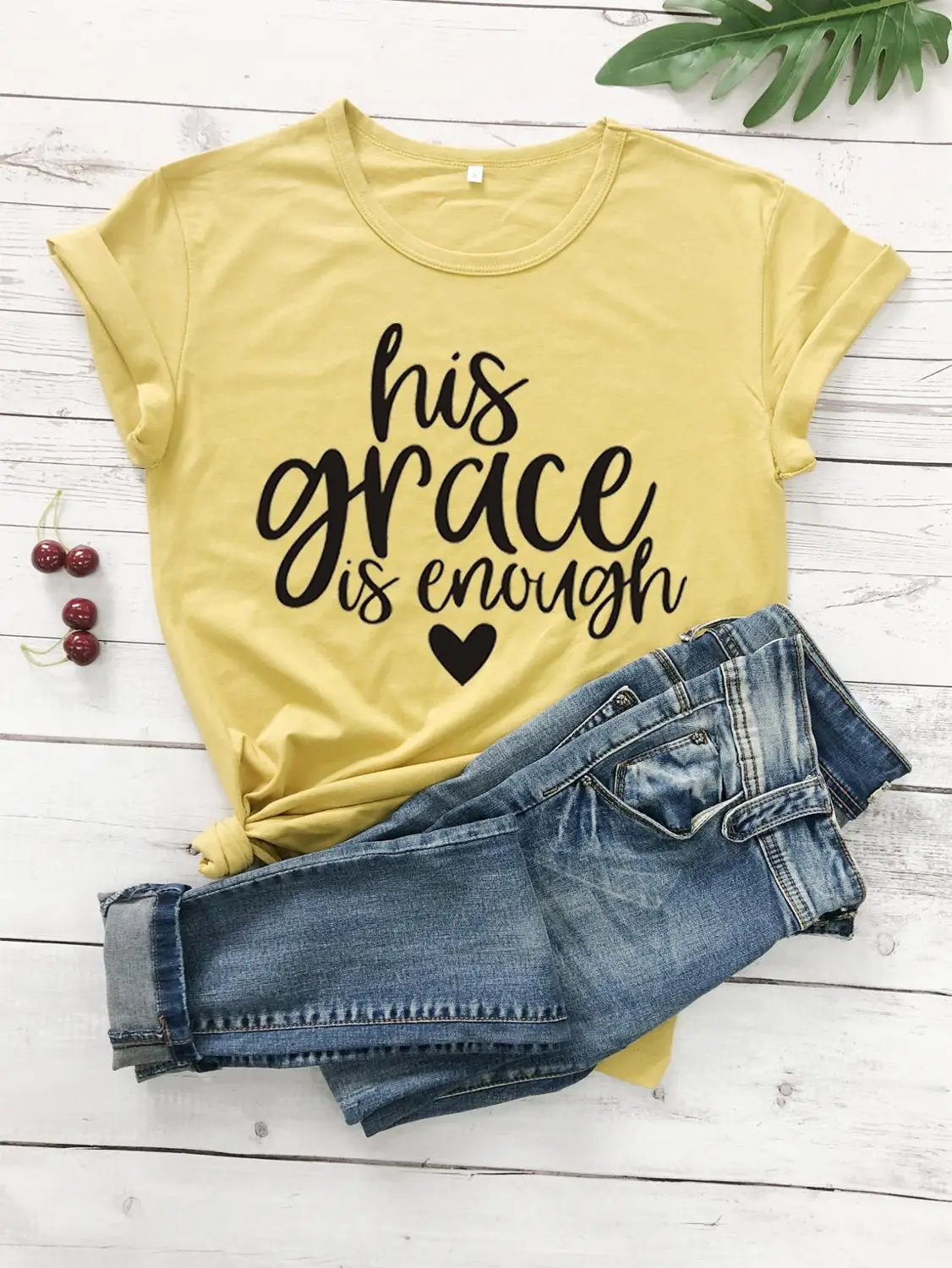 mustard--balck text Футболка с надписью «his grace is enough» серая футболка с надписью «His Grace is enough» хлопковая футболка с надписью «his grace is enough» S-3XL - Цвет: mustard--balck text