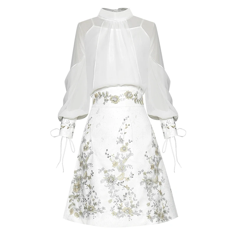 

perspective shirt collar lantern top heavy embroidery sequins nail bead skirt fashion suits autumn and winter of 2020