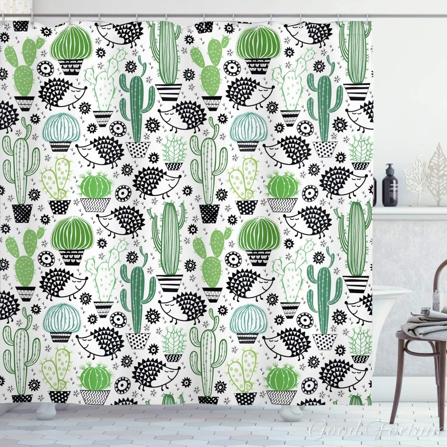 

Cactus Shower Curtain Cartoon Style Inspired Drawing Of Hedgehog Animals Saguaro And Prickly Pear Bathroom Decor Set With Hooks