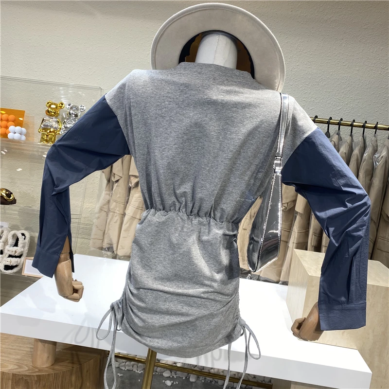 

Personalized Stitching Bag Hip Skirt 2021 Spring New Niche Design Contrast Color Drawstring Fold Waist Dress