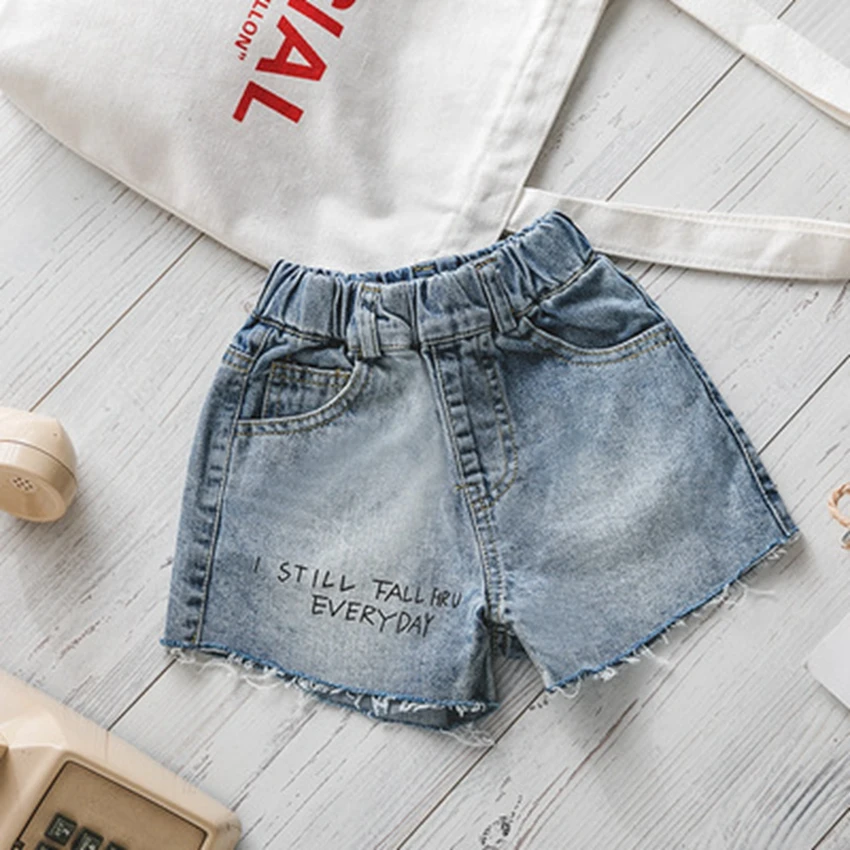

2-14Year Girls' Jeans Summer New Letter Printing Casual all-Match Hot Pants Children's Raw Edge Pants