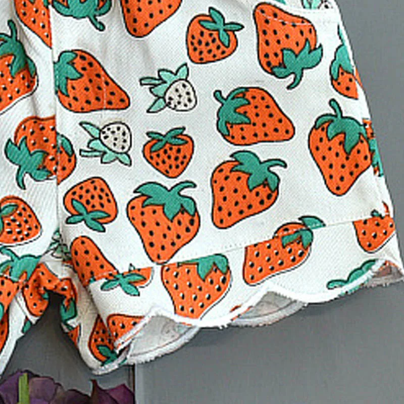 

Girls Summer Clothing Sets Korean Cute Kids Strawberry Print T-Shirts And Shorts 2pcs Outfits For Girl Children Casual Suits