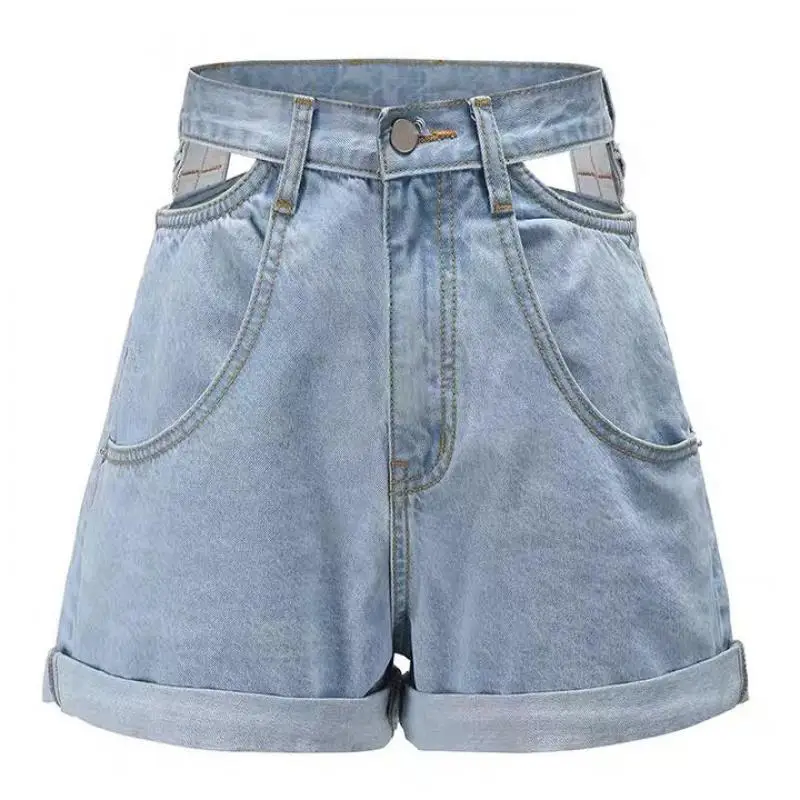 

2021 Women Korean Light Blue Hollow Out Short Jeans Female New High Waist All-match A-line Denim Shorts Summer Casual Clothing