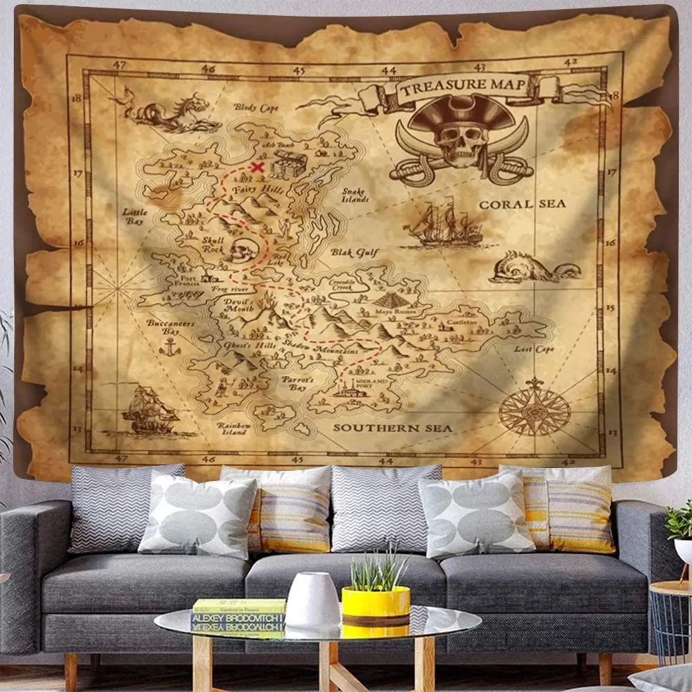 Гобелен с изображением пиратской карты сокровищ Карта морской настенный гобелен