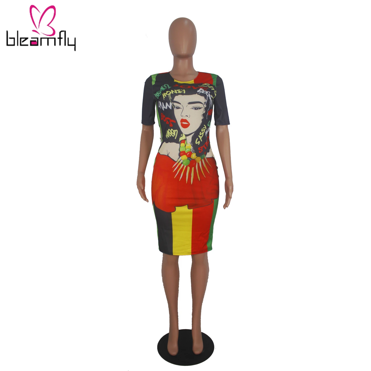 2019 женское летнее платье миди с буквенным принтом и круглым вырезом длиной до