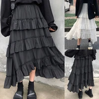 skmy 2021 winter new clothes harajuku women high waist asymmetrical skirt solid color causal mid calf length layered cake skirt