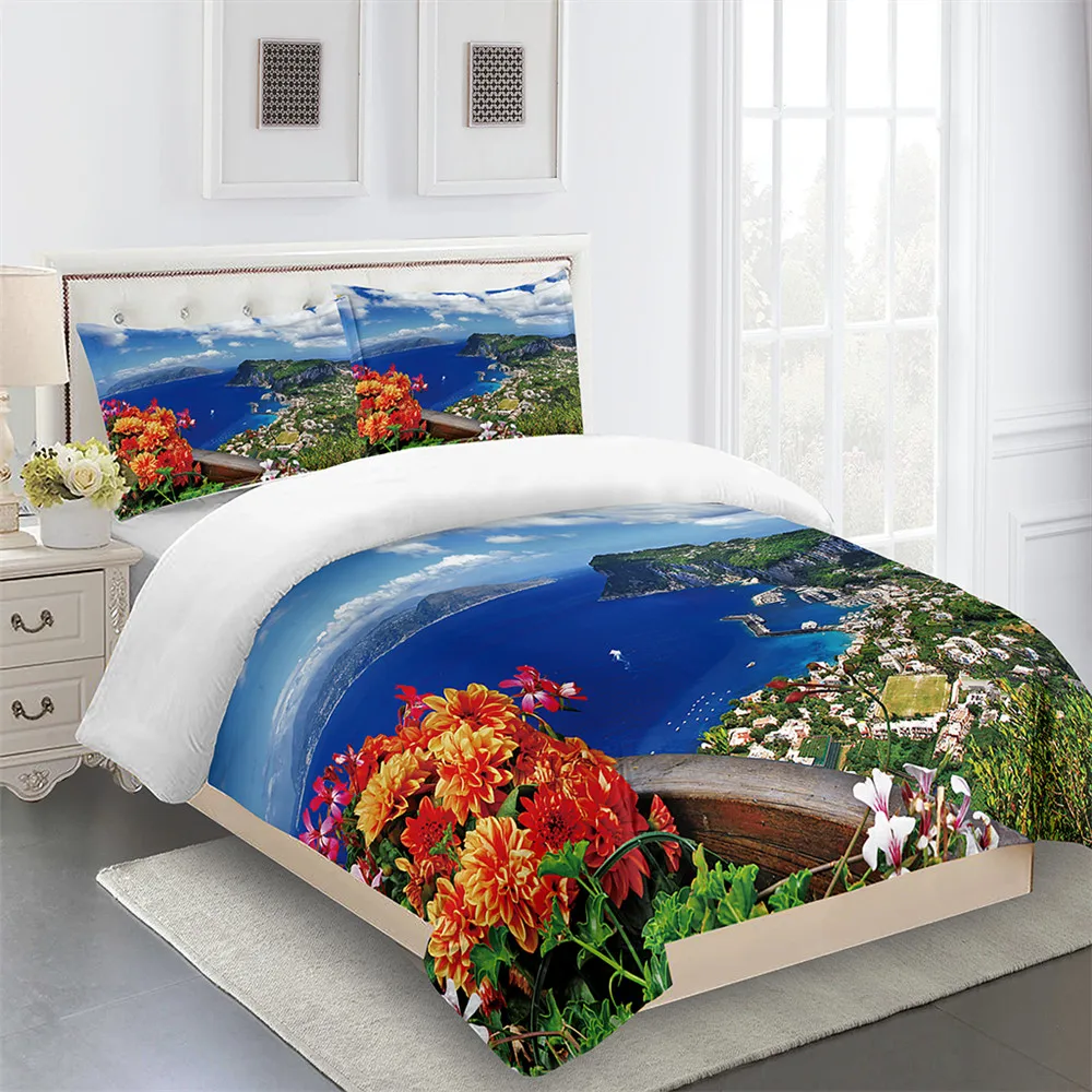 

Bed Cover Home Textiles Bedding Clothes Sunset Scenery Pattern Bedroom Coverlet with Pillowcase King Single Queen Size Bed Linen
