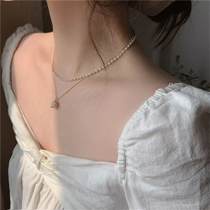 

2021 New Fashion Female Sweet Pearl Pendant Double Necklace Feminine Temperament Show Neck Collarbone Chain Short Choker Chain