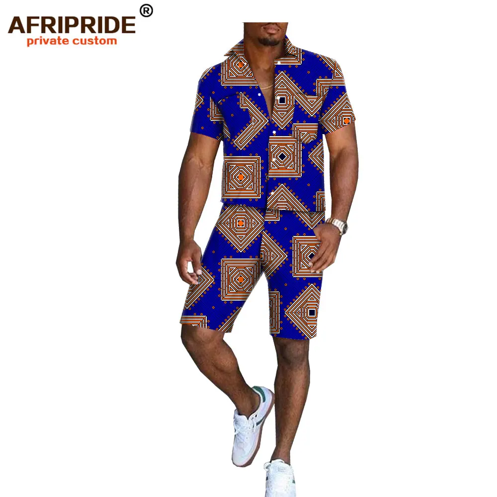 Африканский принт, летние шорты, набор для мужчин, AFRIPRIDE, короткий рукав, однобортный Топ+ шорты до колен, повседневный комплект A1816006