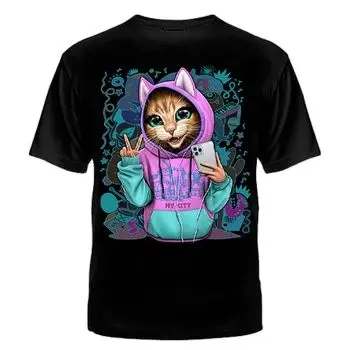 ФУТБОЛКА ПОДРОСТКОВАЯ №1143 &quot КОШКА С МОБИЛЬНИКОМ &quotфутболка банзай качество