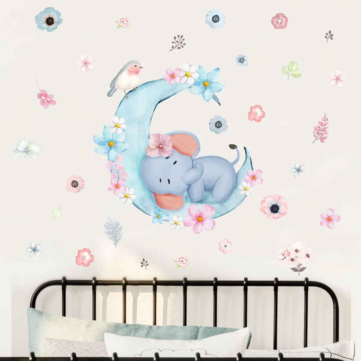 

Cartoon baby elephant lying on the crescent moon wall stickers children's room bedroom decoration self-adhesive wall stickers