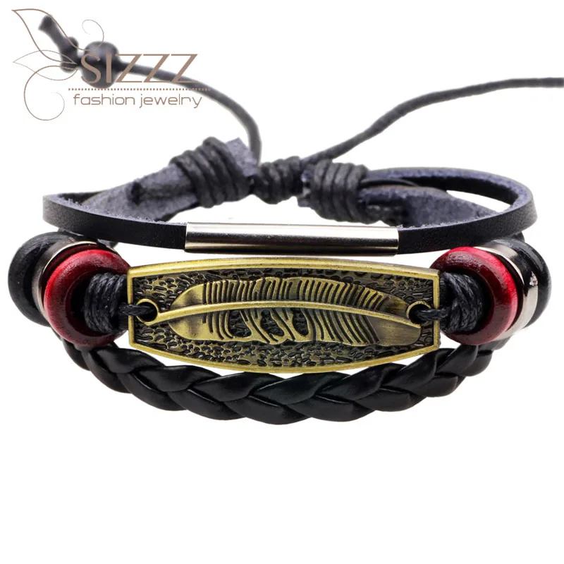 2019 модный винтажный Многослойный кожаный браслет из сплава с перьями и браслеты