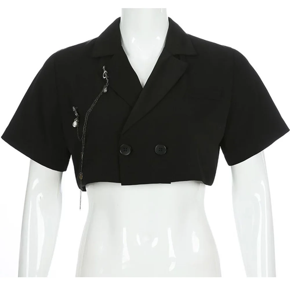 Женская Черная куртка с коротким рукавом пальто уличный стиль цепочкой открытый