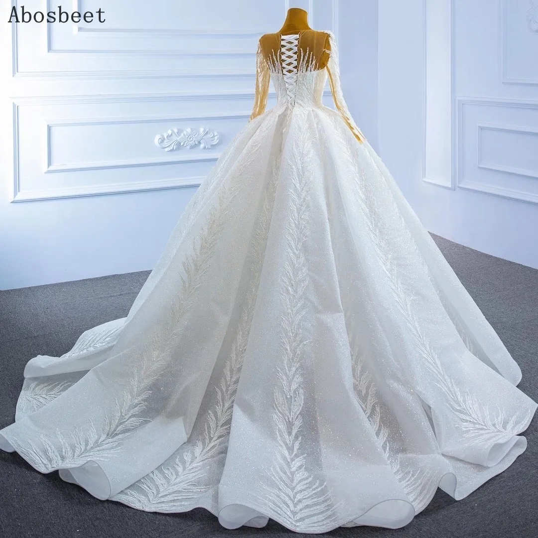 2021 Embroidery Lace Ball Gown Wedding Dress Long Sleeve White Elegant Wedding Gown Shining Sequins Long Train Lace Up Back