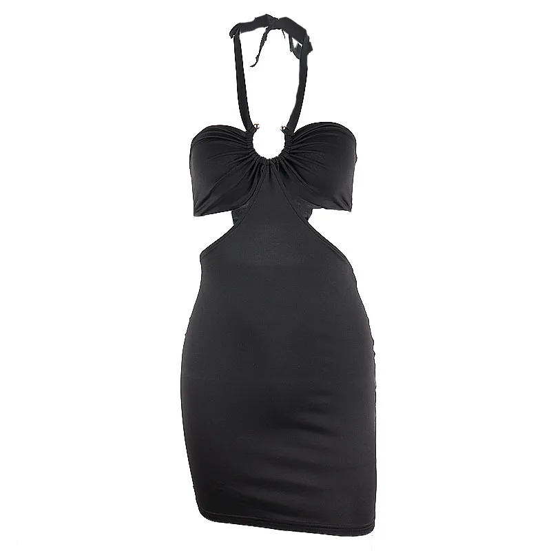 

CIGGANTFUL 2021 Summer Sexy Hollow Decorative Buckle Halter Neck Lace Up Mini Party Club Wear Dress Women Bodycon Tube Clothes