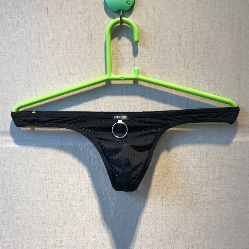 Мужские трусы стринги с низкой посадкой черные дышащие сетчатыми вставками