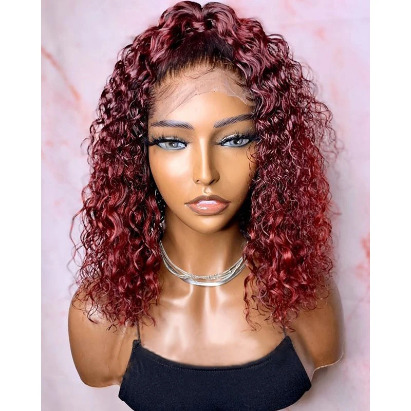 

Short Bob 99J Burgundy 13X6 Lace Front Wig Curly Ombre Colored Human Hair Remy Wigs 150% For Black Women Blunt Cut Pre Plucked