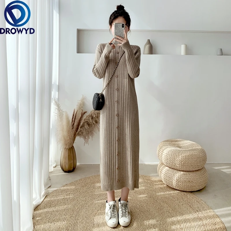 

2021 Winter Korean Version Long Over-the-knee Half-high Collar Straight Sweater Skirt Knitted Dress Women Stretch Pullover Dress