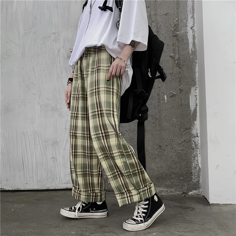 

Harajuku Women High waist wide leg pants Stripe lattice Casual Street Fashion Pants for Women New Summer Retro Japanese Korean