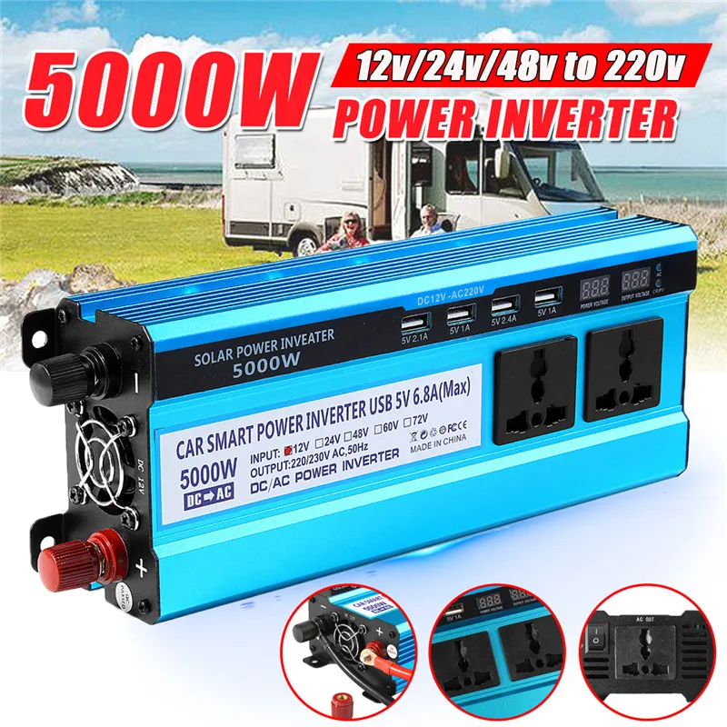 Солнечный инвертор 12/24/48V 220V 5000W Напряжение преобразователь 4 USB зарядное