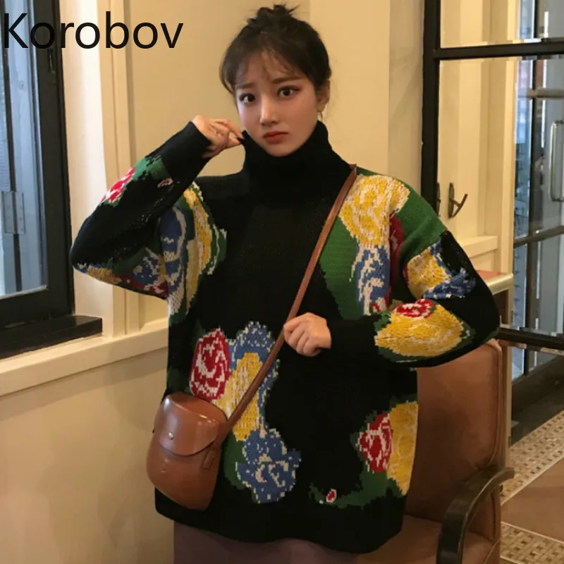 Korobov Корейский Элегантный Стиль Цветочная женская блузка винтажная водолазка