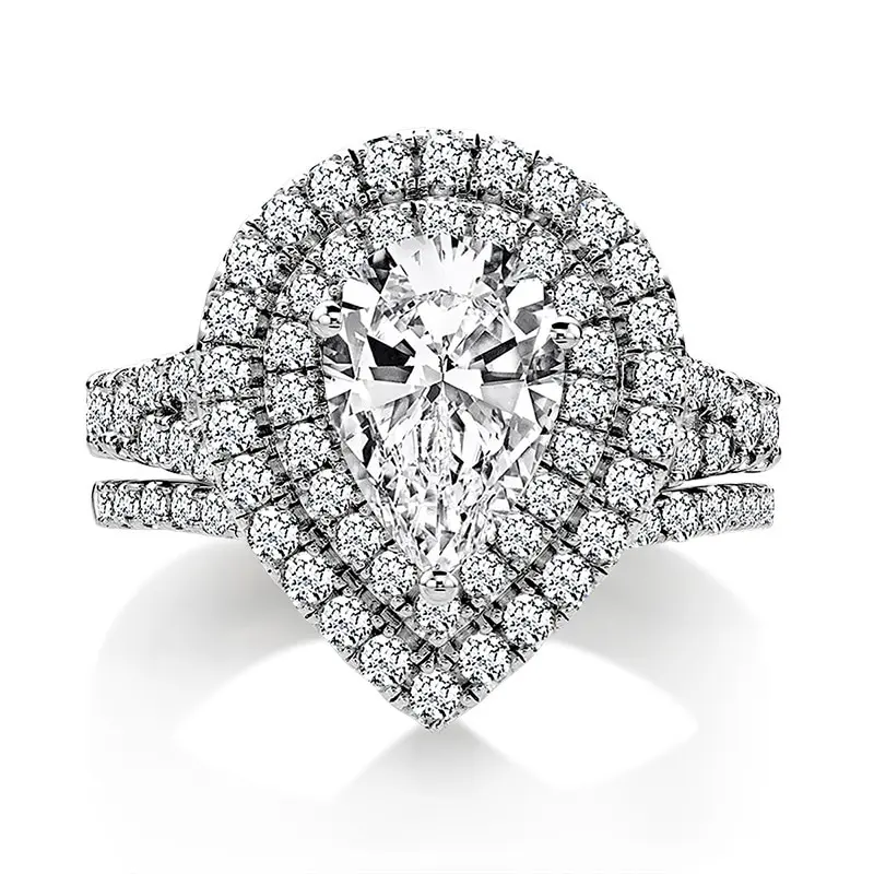

Jazaz Fine Sparkling 2 Carats Water Drop High Carbon Diamond Bridal Rings Set Top Quality 100% 925 Sterling Silver Party B0955