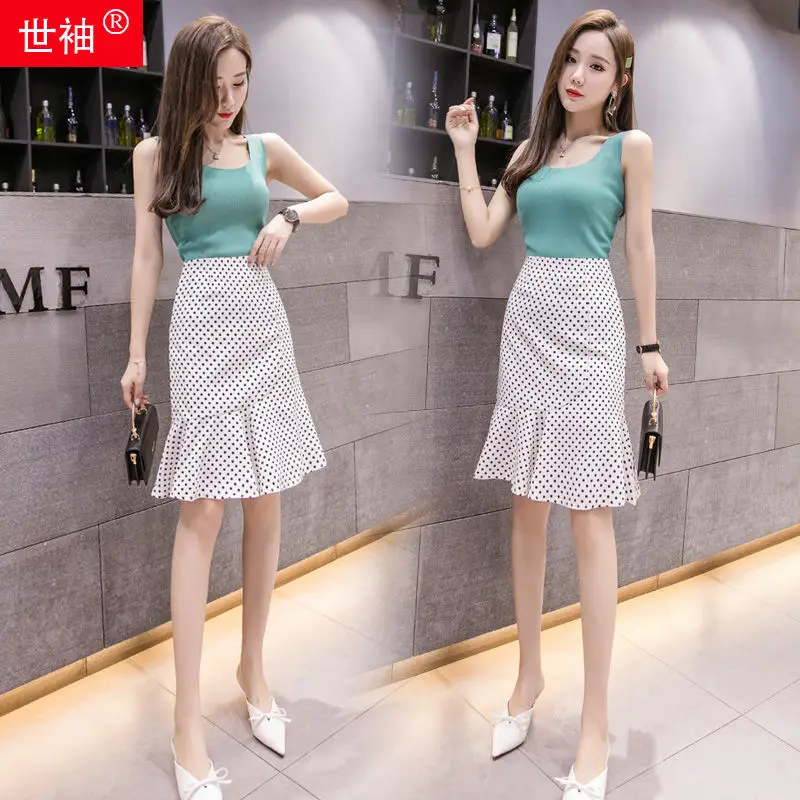 

Luck A 2020 summer Women New Mermaid Skirt Korean Elegant High Waist slim Skirts office lady Knee Length Ruffles Skirt