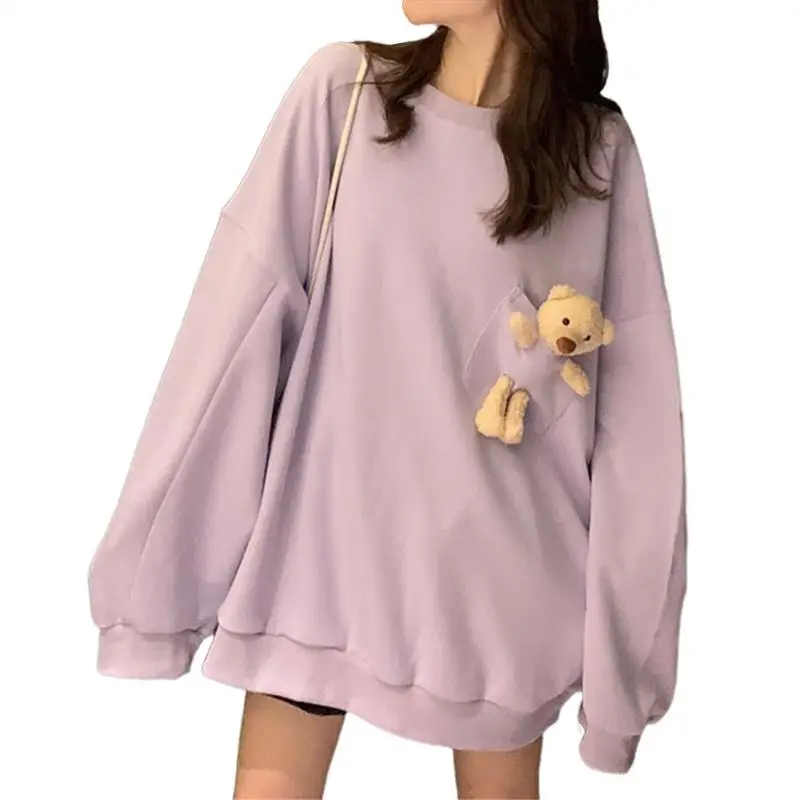 

2021 Women's Hoodies Solid Color Tops Long Sleeve loose Pullovers Coat With Bear Round Neck Sweatshirts