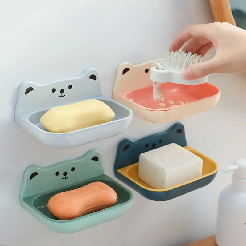 

Soap Dish Punch-Free Bathroom Plastic Light Luxury Double Grid Household Toilet Soap Holder Creative Drain Wall-Mounted Holder