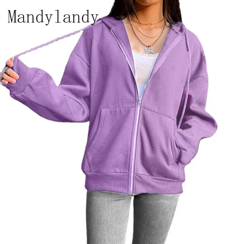 

Mandylandy Sweatshirts Coat Autumn Long Sleeve Pocket Zipper Cardigan Hoodie Coat Women's Solid Color Loose Hooded Sweatshirt