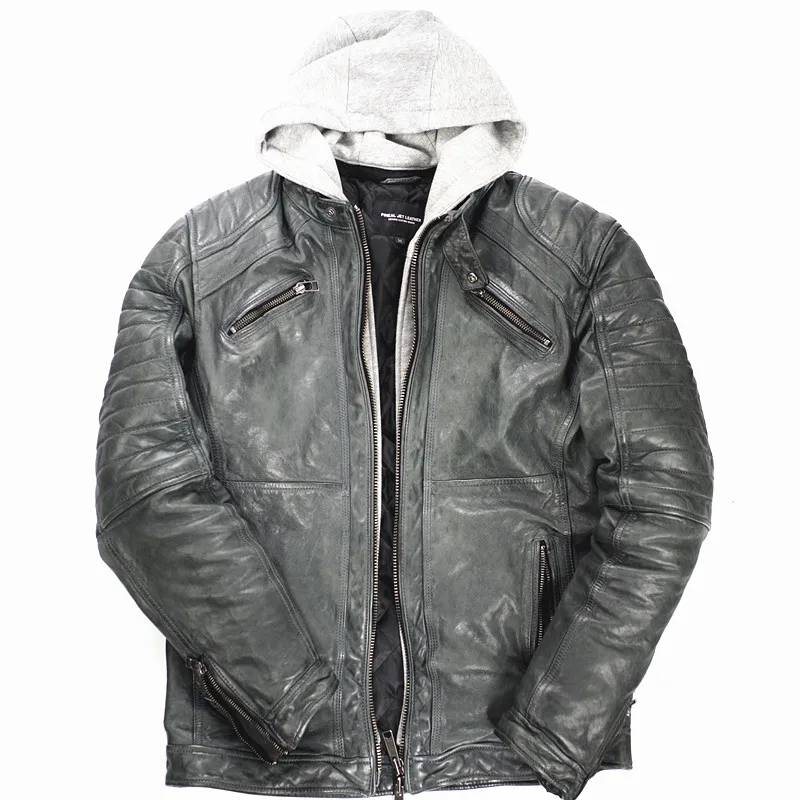 Мужская кожаная куртка с капюшоном черная винтажная мотоциклетная из овечьей