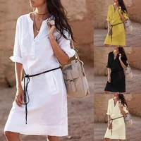 hot sales autumn summer women v neck long sleeve pocket casual short dress with waist band