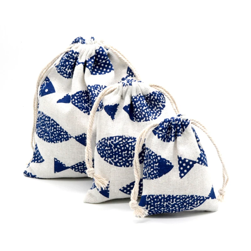 9*12 см 50 шт. синие хлопковые льняные сумки с завязками для рыбы джутовые пакеты