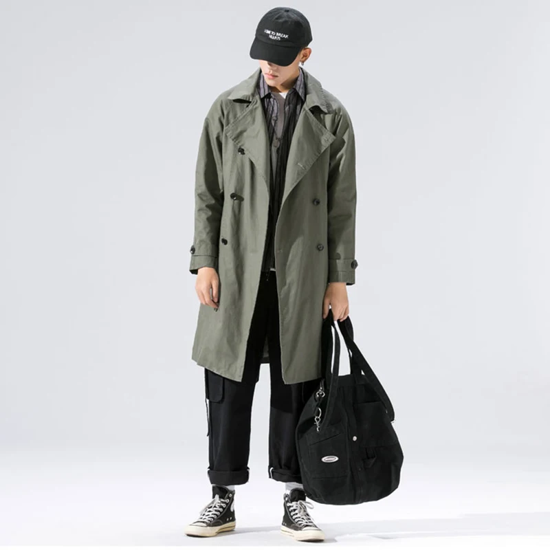 

Trench Coat Men Double-breasted Long coat Manf Lapel Belt Spring Cloak men trenchcoat Japanese style Solid Long Windbreaker
