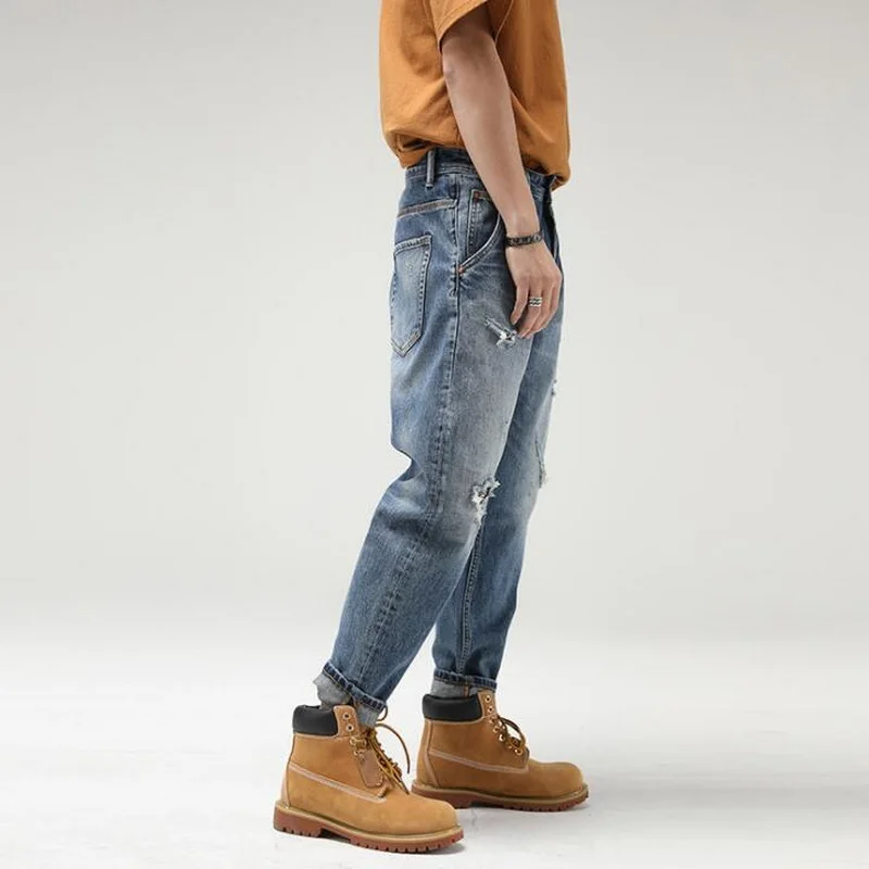 Patch Washed Ripped Jeans Men's Denim Patch Straight Loose Denim Pants Male Flanging Pant Size 28-40