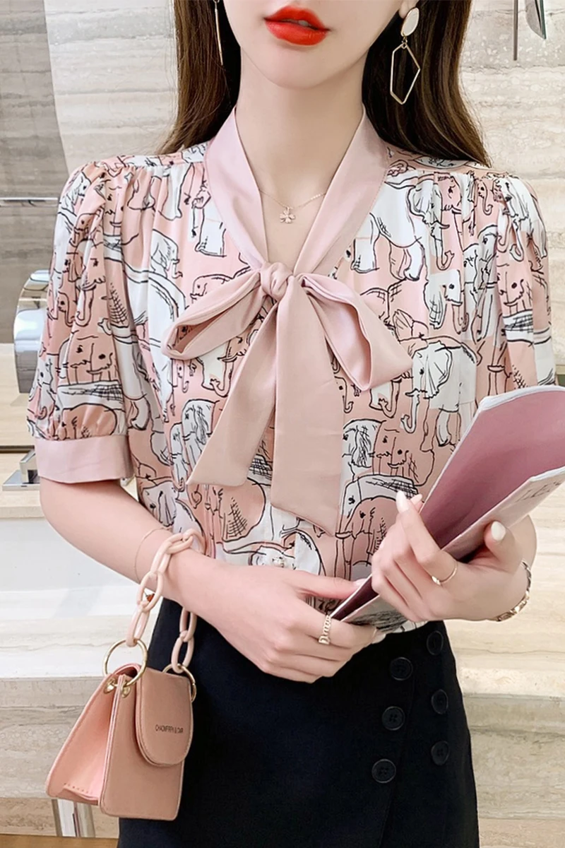 

Houthion Chiffon Slim Women's Blouses New Casual Blouse Fashion Short Sleeve Top Printing Bow Tie Buttons Shirts Summer