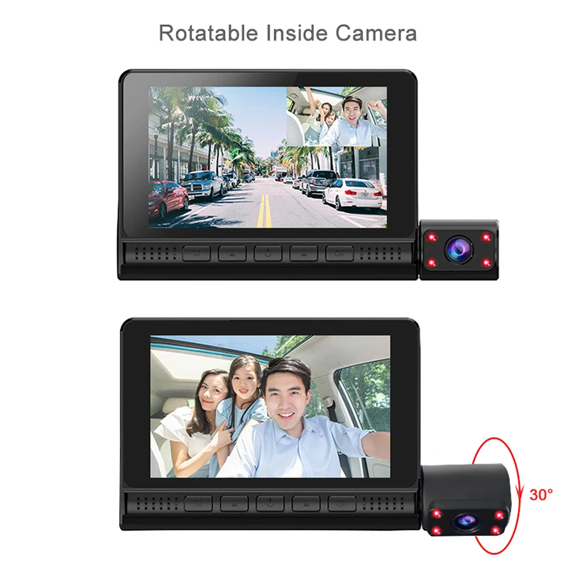Автомобильный видеорегистратор 3 камеры 4 дюйма сенсорный экран HD 1080P зеркало